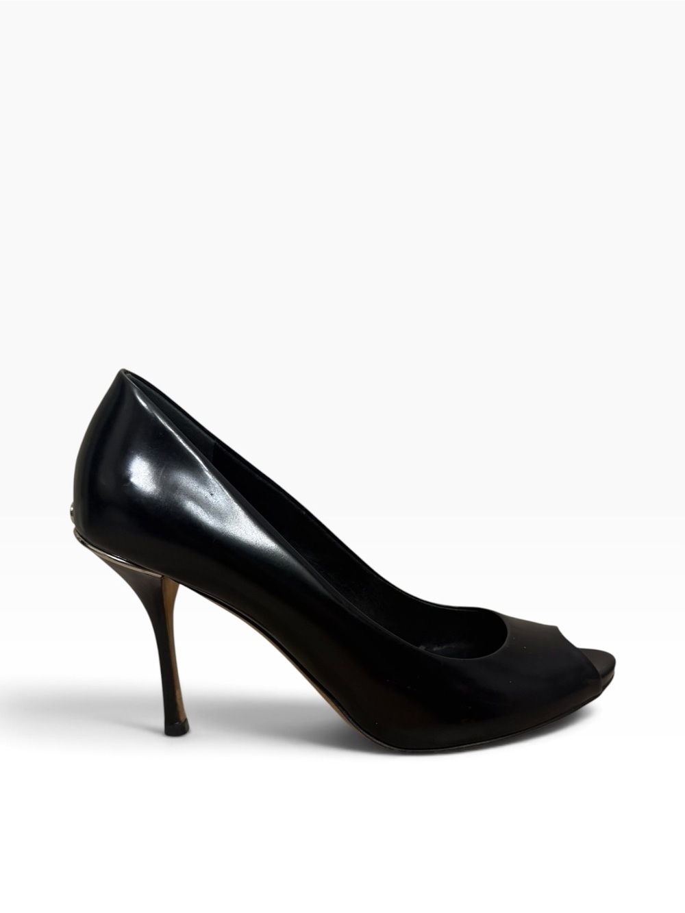 Gucci Black Leather Peep Toe Stiletto Pumps Heels Size 36.5